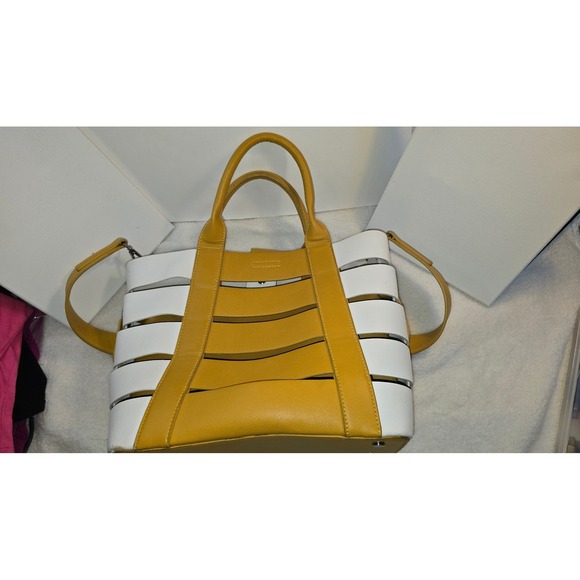 Madison West Tote Bag White Yellow Leather Cutout Tote Shoulder Bag - Picture 8 of 8